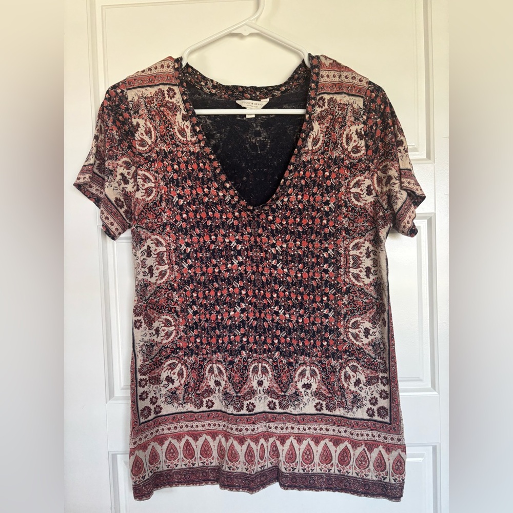 Lucky Brand Paisley Boho V-Neck Tunic Top